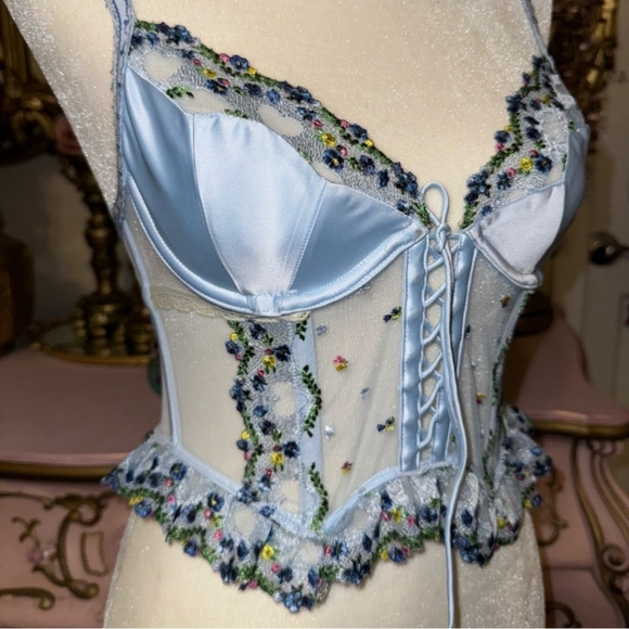 NWT VS For Love & Lemons Midsummer Heart Embroidered Lace Set Light Blue Sz M